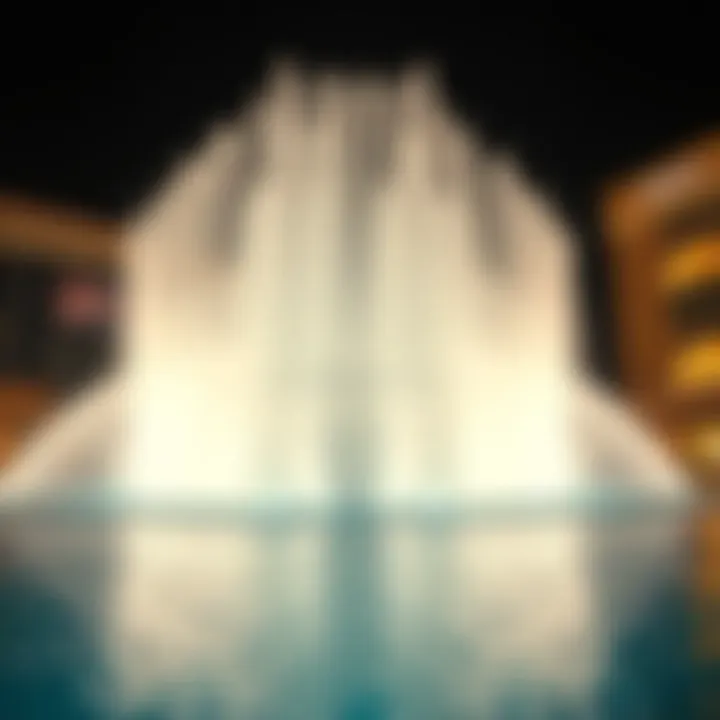 Illuminated fountain display near Dubai Mall at night