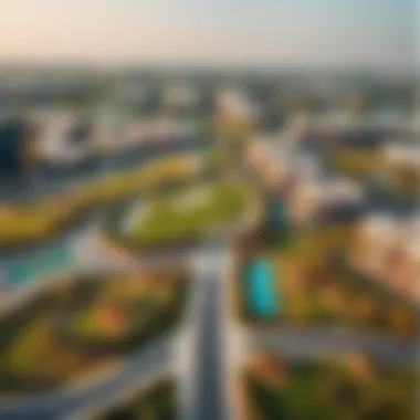 Aerial View of Golf Promenade in District 3B Aerial view of the Golf Promenade showcasing its lush green spaces and luxurious properties