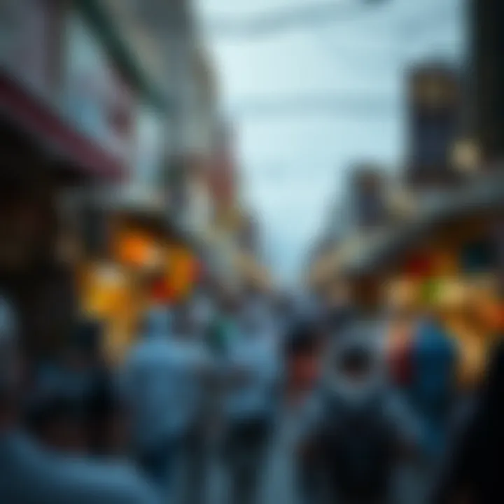 A bustling bazaar scene with tourists and locals
