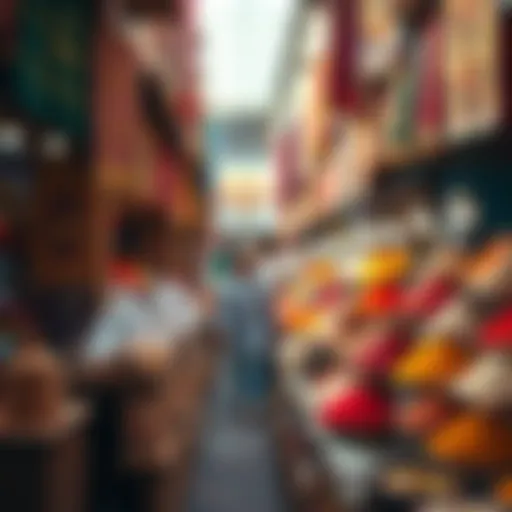 Vibrant market stalls filled with spices and textiles