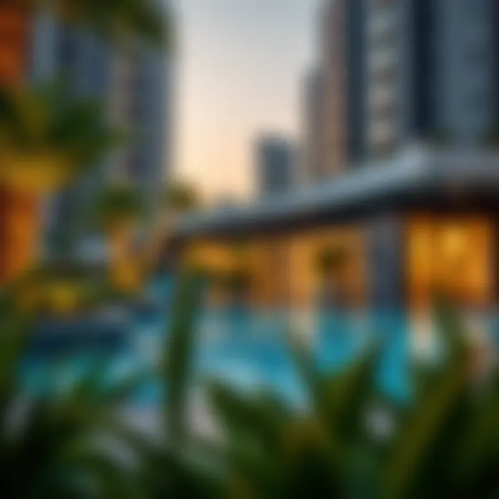 Recreational amenities at Warsan Tower including pool and garden