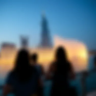 Visitors Experience the Dubai Fountain Show Visitors enjoying the fountain show with Burj Khalifa in the background