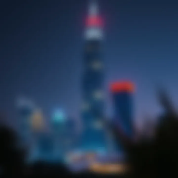Night view of HSBC Tower illuminated in Downtown Dubai