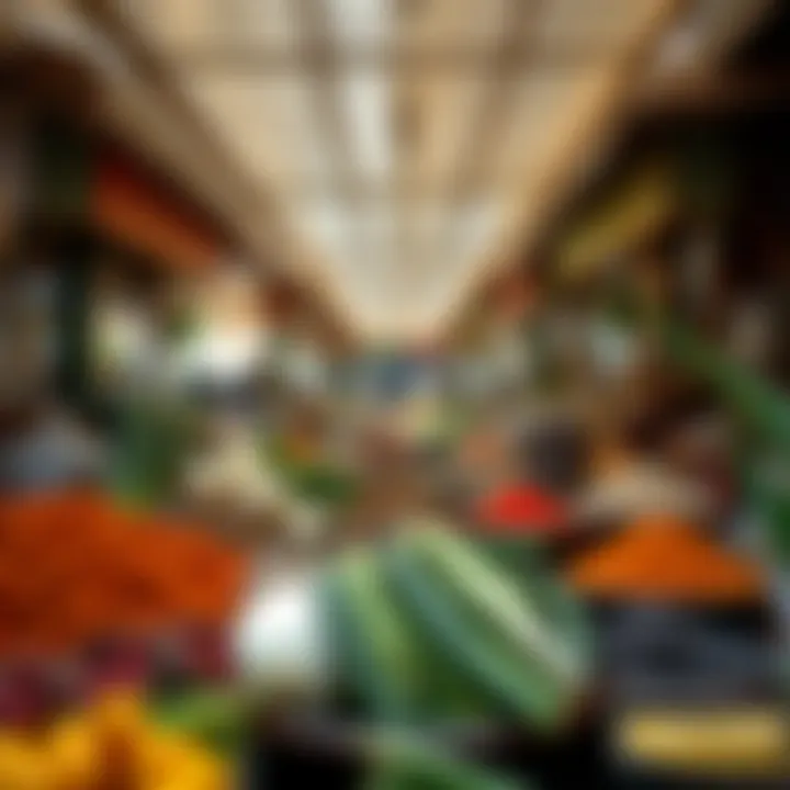 Culinary Treasures Await A bustling market scene filled with fresh ingredients and spices for iftar preparations.
