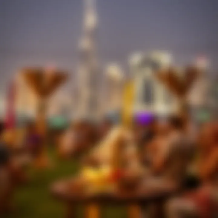 Community Under the Stars A vibrant outdoor iftar gathering set against the backdrop of Dubai's skyline.