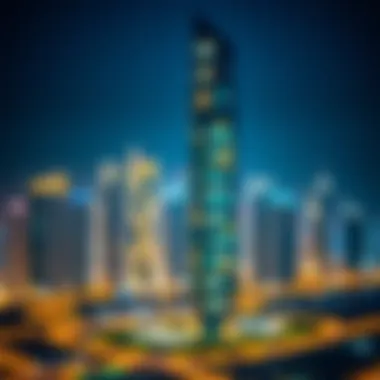 Night View of Iris Bay Tower Night view of Iris Bay Tower illuminated against the Dubai skyline