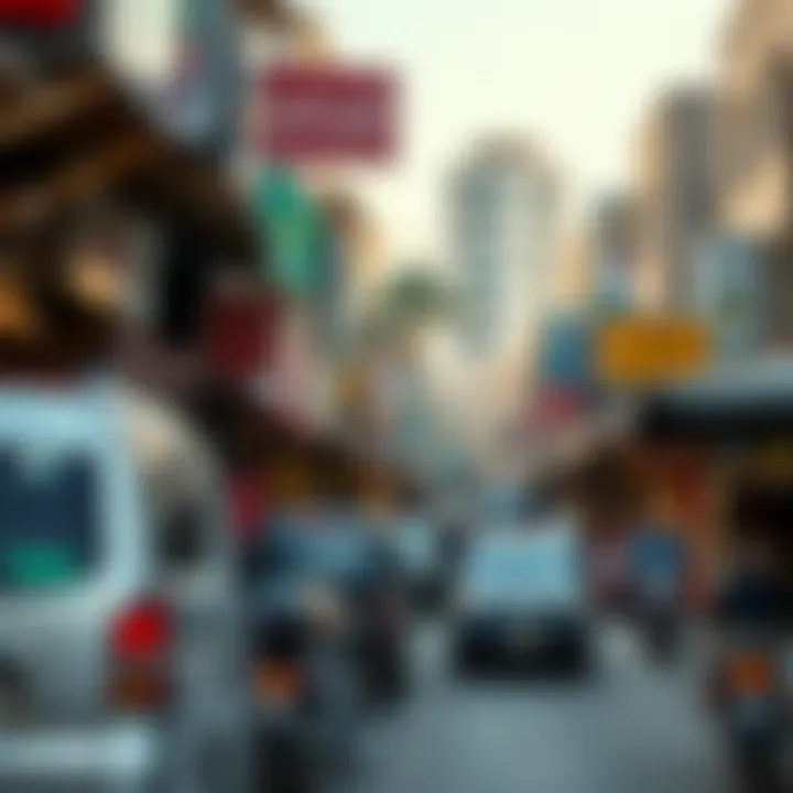 An overview of a busy market street in Karama, highlighting local businesses