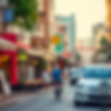 A vibrant street scene showcasing local shops and cafes in the Karama area.