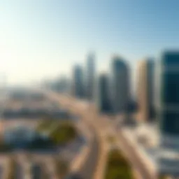 A panoramic view of the skyline from Karama to Business Bay, highlighting modern architecture.