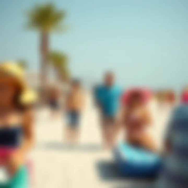 Families enjoying a sunny day at La Mer Beach with various amenities