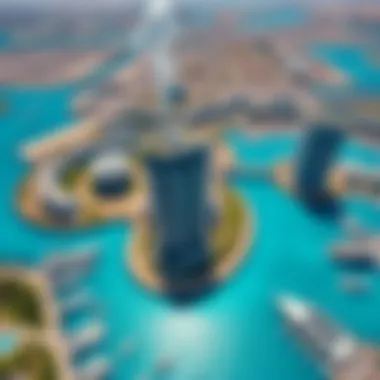 Aerial perspective of Dubai's Marina Cascades and its surroundings