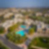 Aerial view of Mazaya 28 showcasing its architectural elegance and surrounding area.