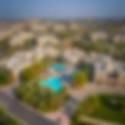 Aerial view of Mazaya 28 showcasing its architectural elegance and surrounding area.