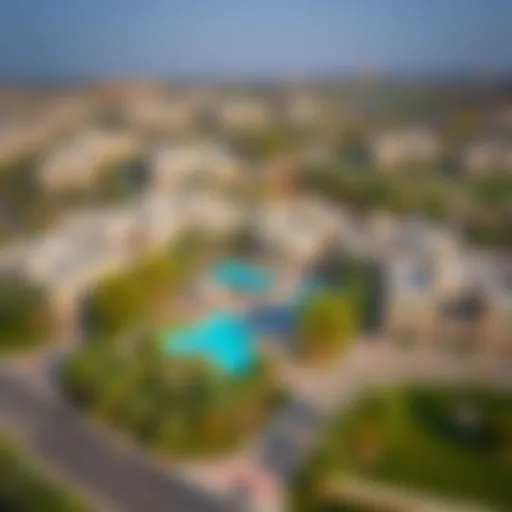 Aerial view of Mazaya 28 showcasing its architectural elegance and surrounding area.