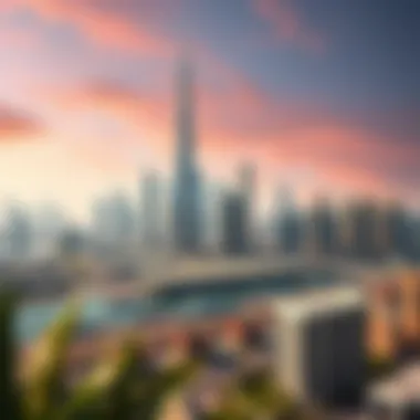 Mazaya 28 and the Dubai Skyline Dynamic skyline view of Dubai featuring Mazaya 28 in the foreground.