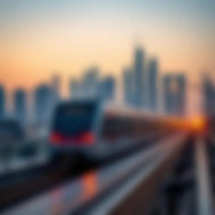 Metro train on its route through Dubai skyline