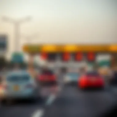 Toll Booth on Dubai's Busy Highway Toll booth on a highway in Dubai with vehicles passing