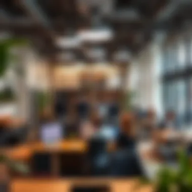 Dynamic Coworking Environment in Al Quoz A bustling coworking space filled with professionals and modern amenities