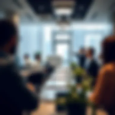 Engagement in Dubai's Real Estate Office A bustling real estate office with agents engaging with clients