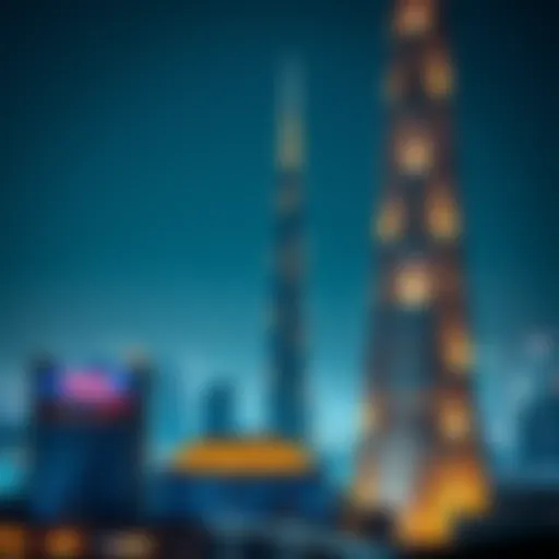 Stunning view of Opera Tower against Dubai skyline