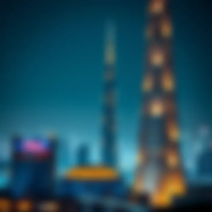 Stunning view of Opera Tower against Dubai skyline