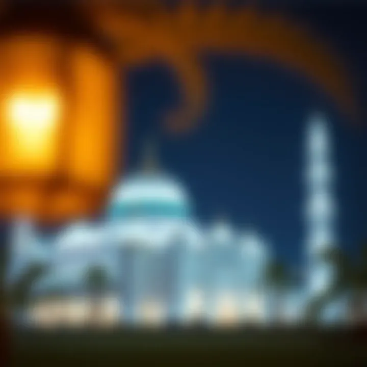 A vibrant mosque illuminated at night during the holy month