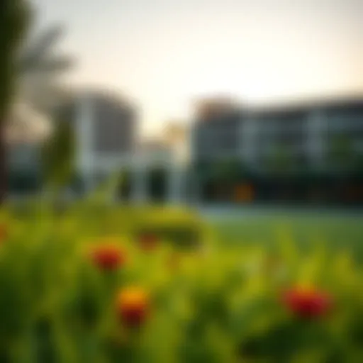 Lush Greenery and Modern Architecture in Royal Park Scenic view of Royal Park Dubai showcasing lush greenery and modern architecture