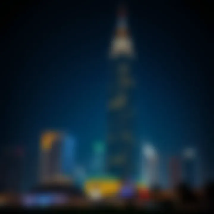 Sahara Tower illuminated at night against Dubai's skyline
