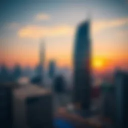 Stunning view of the Al Mansoor Tiger Tower against the Dubai skyline at sunset