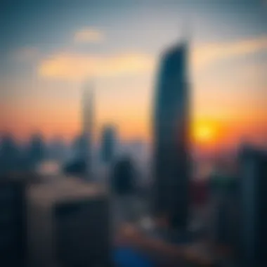 Al Mansoor Tiger Tower at Sunset Stunning view of the Al Mansoor Tiger Tower against the Dubai skyline at sunset