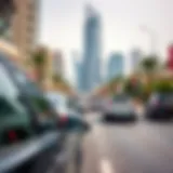 Tecom Car Rental Scene Scenic view of Tecom showcasing rental cars on a bustling street.