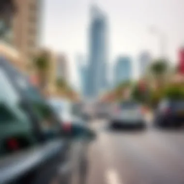 Tecom Car Rental Scene Scenic view of Tecom showcasing rental cars on a bustling street.