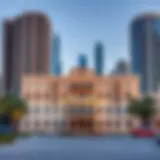 A panoramic view of Dubai's oldest building, showcasing its unique architecture against a backdrop of modern skyscrapers.