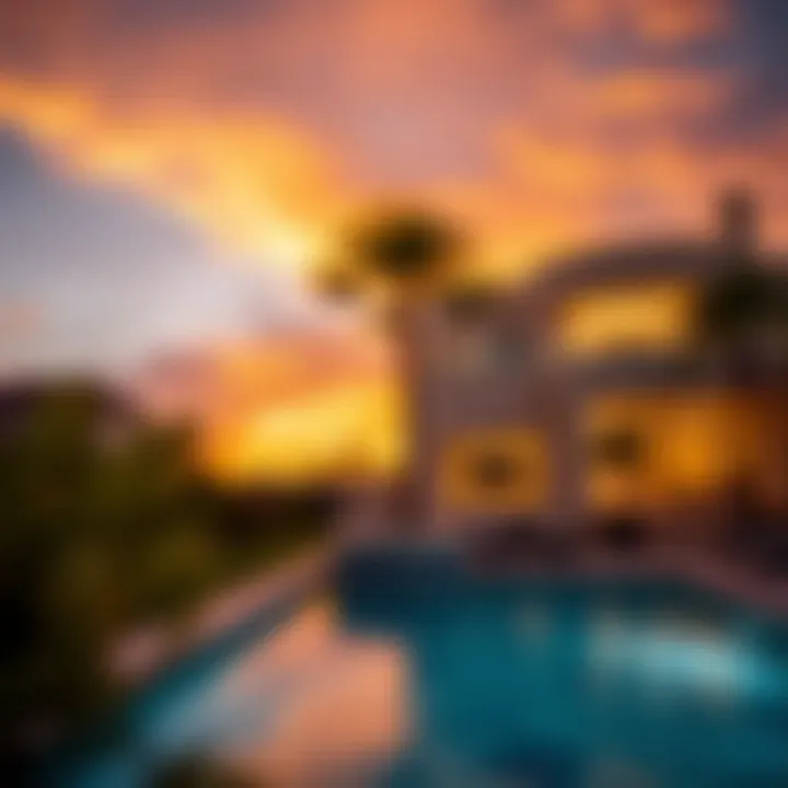 A vibrant sunset illuminating a luxurious villa's backyard in Dubai.