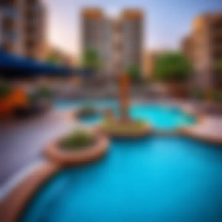 Luxurious amenities within Townsquare Al Qudra, featuring a community pool and recreational areas