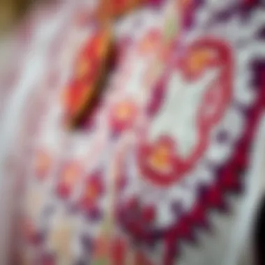 Close-up of the unique embroidery and fabric patterns used in traditional UAE garments.