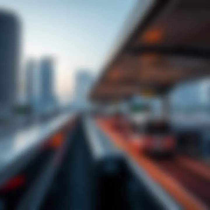 An intricate view of public transport options, including metro stations and bus stops connecting Karama and Business Bay.