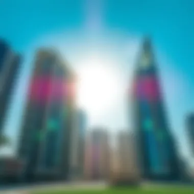 Skyscrapers in Dubai reflecting the bright sun against a clear blue sky