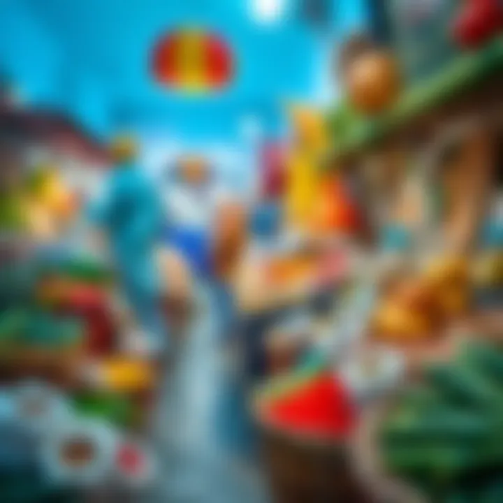 A colorful market scene highlighting fresh produce and spices