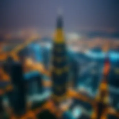 Aerial view of Burj Daman Office Tower illuminating Dubai's skyline