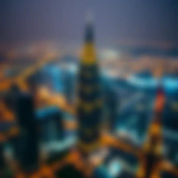 Aerial view of Burj Daman Office Tower illuminating Dubai's skyline