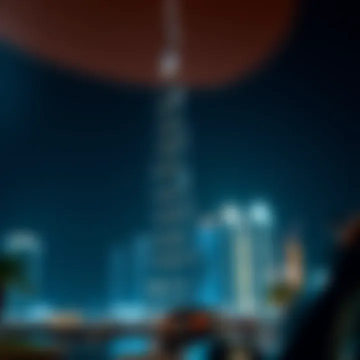 Nighttime view of Burj Daman Office Tower lit against the Dubai skyline