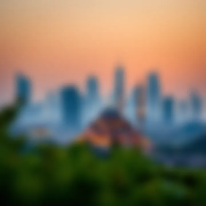 Vibrant Dubai skyline with a mosque view