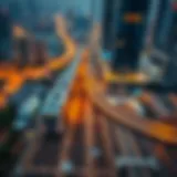 Aerial view of Dubai Metro tracks weaving through the cityscape