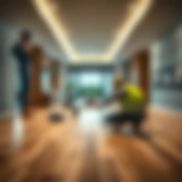 Construction workers installing parquet flooring in a modern home