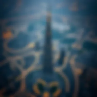 Aerial view of Burj Khalifa showcasing its height and surrounding structures