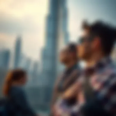 Tourists admiring the Burj Khalifa with the Dubai skyline in the background