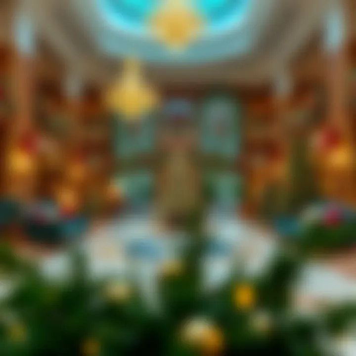 Luxurious hotel lobby adorned with festive decorations